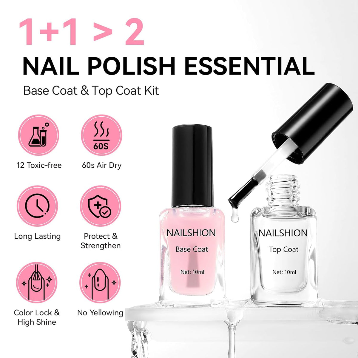 Clear Pink Base Top Coat Clear Nail Polish, Sheer Pink Base Ridge Filler Strengthening Anti Chip