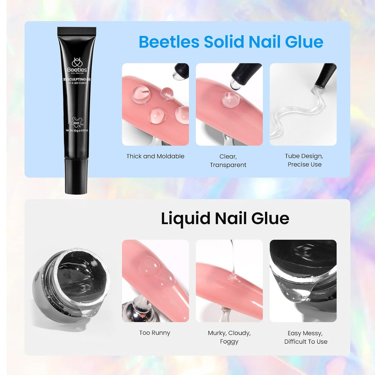 Beetles Sculpting Gel 3D Gel for Nail Art - 6 Colors No Wipe Nail Polish Rhinestone Nail Art Glue