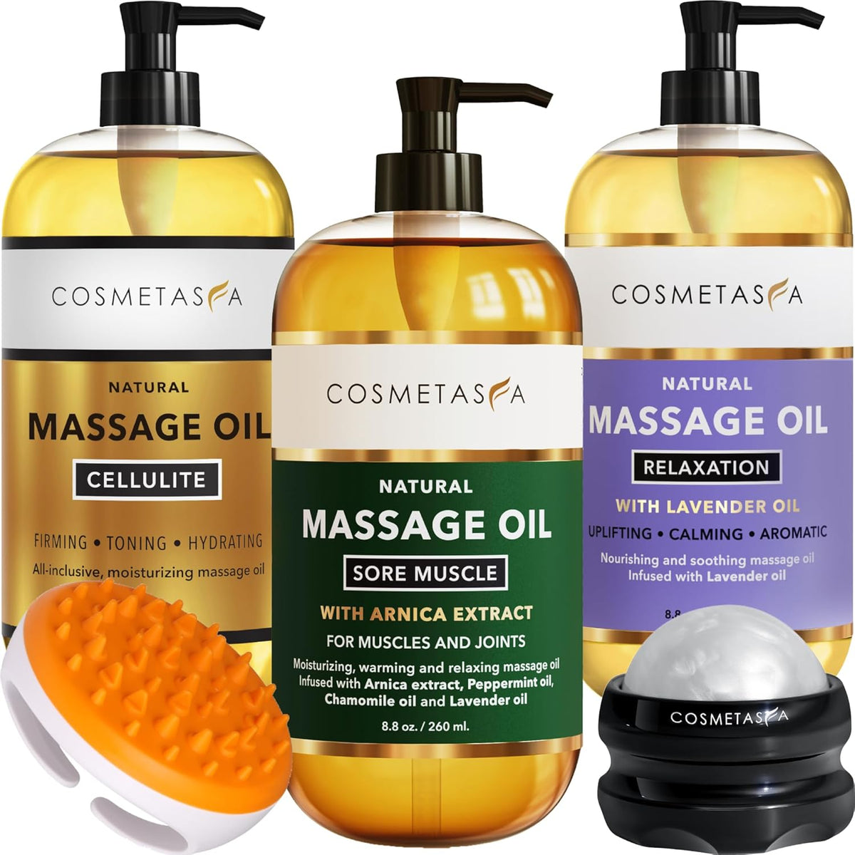 Cosmetasa Body Massage Oil for Massage Therapy Kit - Arnica Sore Muscle Massage Oil, Cellulite