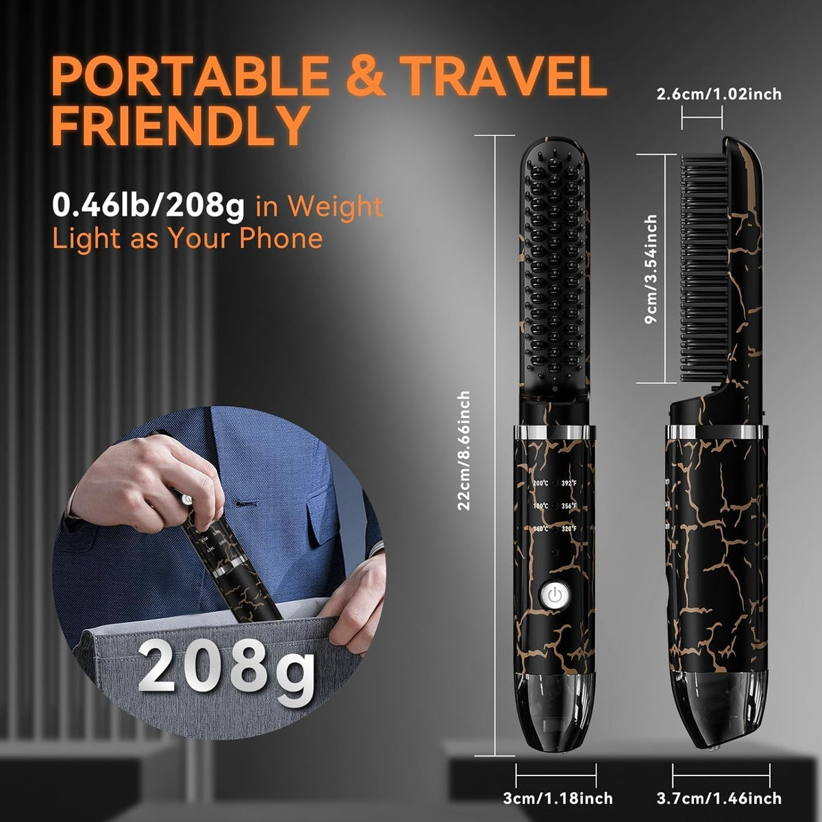 Beard Straightener for Men, Cordless Beard Heated Brush and Hair Straightener Hot Comb with 3 Temp