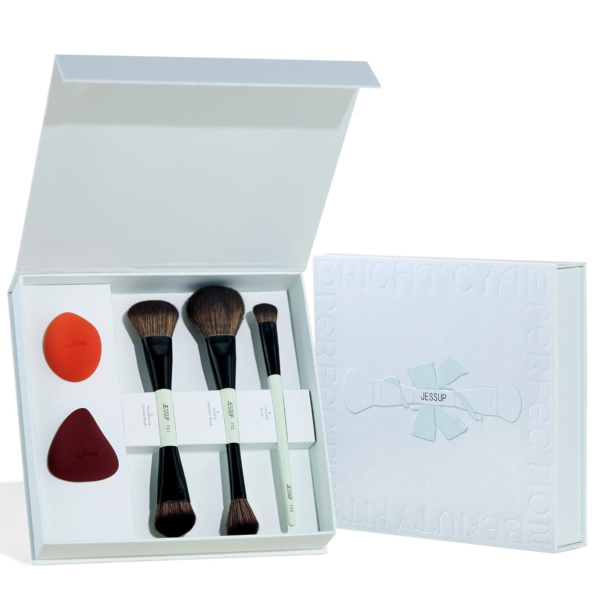 Jessup Face Makeup Brushes with Makeup Sponge, 3pcs Double Ended Makeup Brush for Foundation