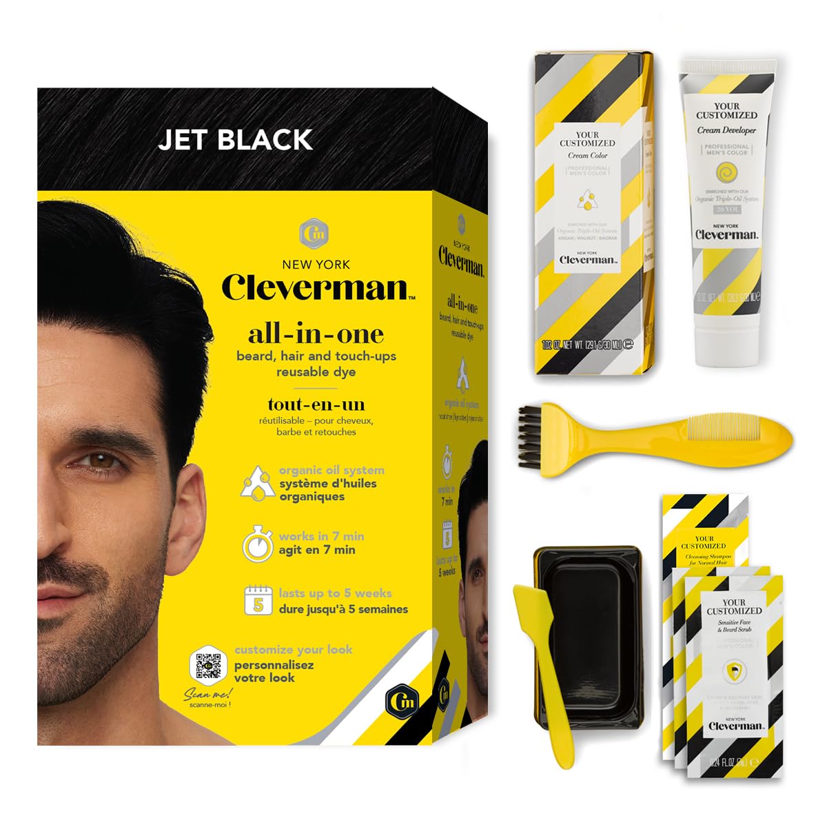 CLEVERMAN Jet Black Hair & Beard Dye for Men, All-in-One Reusable Kit - Permanent, Ammonia-Free