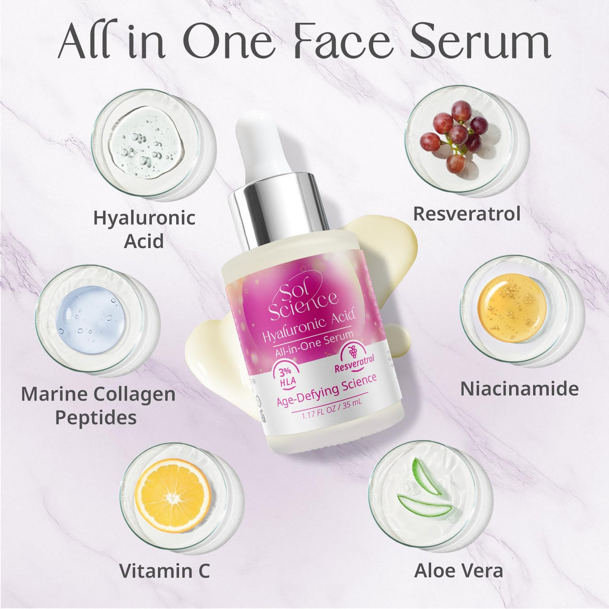 All In One Hyaluronic Acid Face Serum – Ultra Hydrating Anti Aging Serum with Vitamin C, Marine