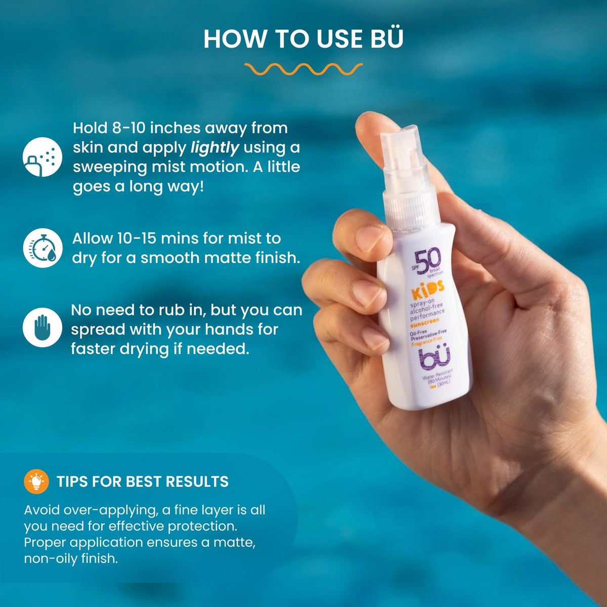 BU SPF 50 Kids Sunscreen Spray for Face and Body, Non Aerosol Spray, Fragrance Free, Clear, Non