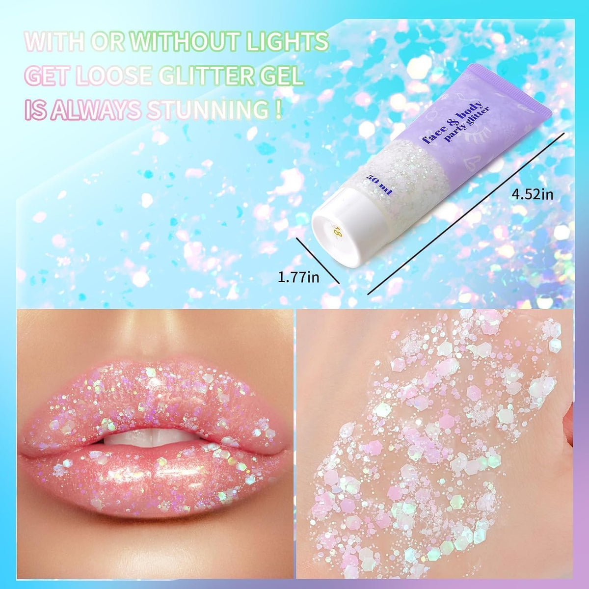 DAGEDA Iridescent Body Glitter Gel, Holographic Face Glitter Body Gel Rave Party Accessories