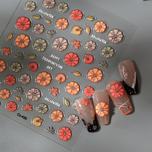 1 Sheets Fall Nail Stickers for Nail Art 5D Self-Adhesive Embossed Pumpkin Nail Art Stickers Autumn