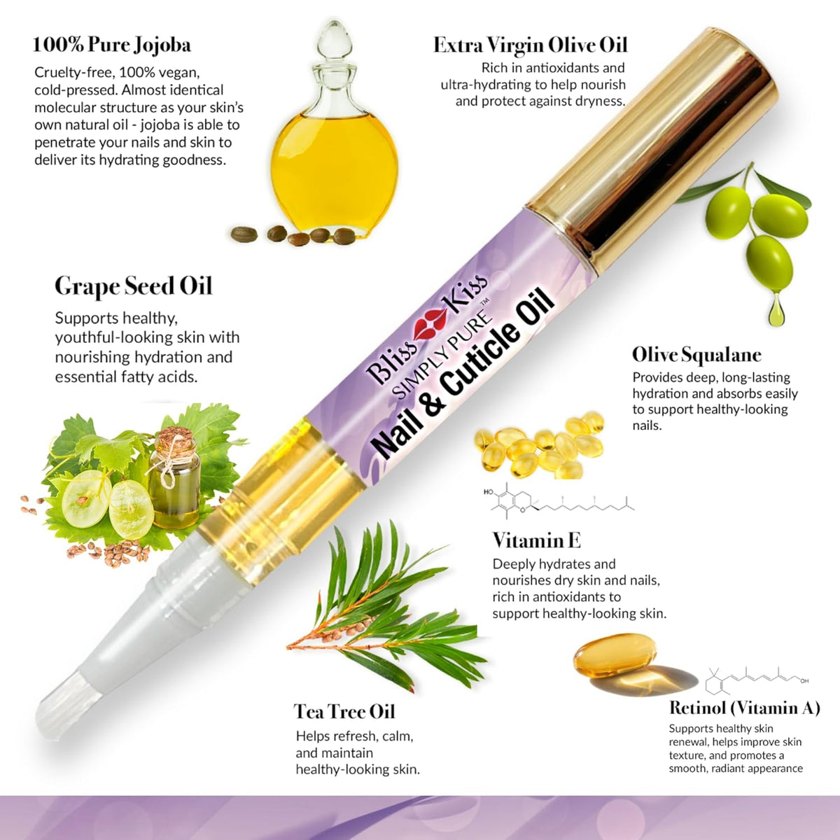 Bliss Kiss | 1 Lavender Vanilla | Nail Oil Cuticle Pen w/Vitamin E & Jojoba⏤Nail Strengthener Nail