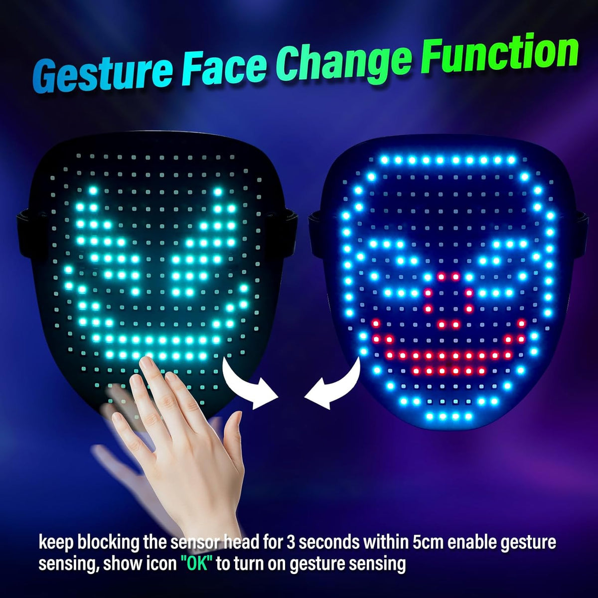 arscniek LED Face Mask with Gesture Control – Rechargeable Light Up Halloween Masks Costume for