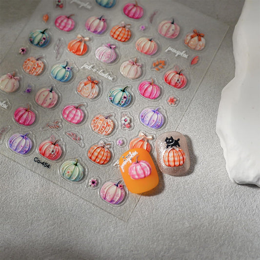 1 Sheets Colorful Pumpkin Nail Stickers for Nail Art 5D Self-Adhesive Embossed Fall Nail Art