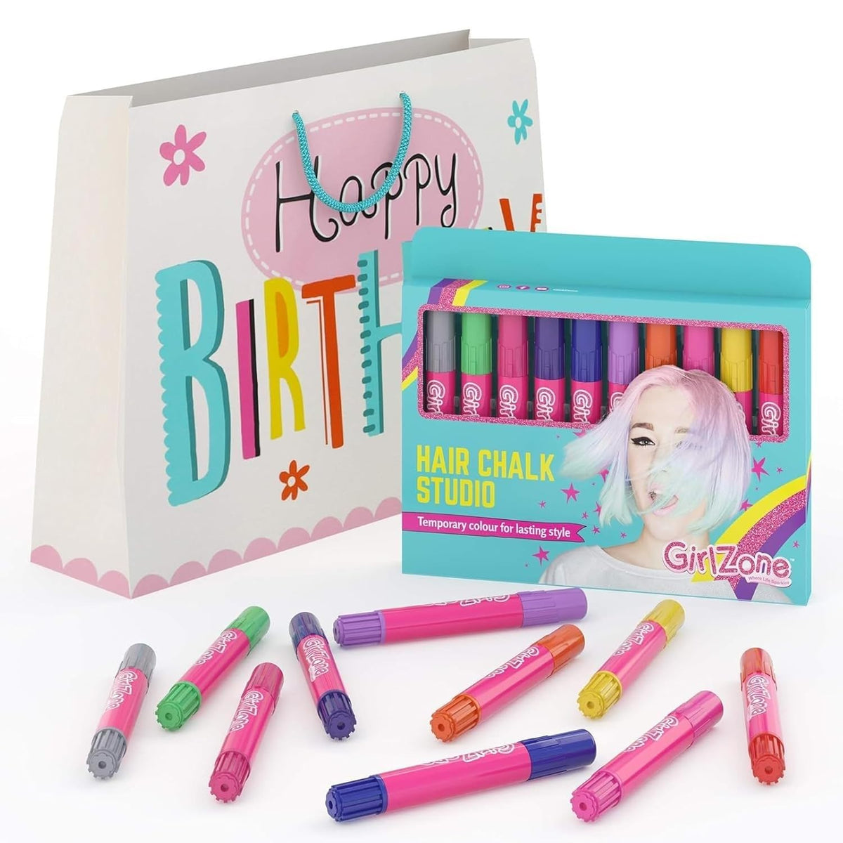 GirlZone Hair Chalks Set, 10-Piece Temporary Hair Chalk For Kids, Easy to Apply and Remove