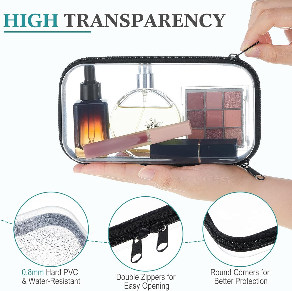 Hoolerry 4 Pcs Hard Clear Zipper Case Makeup Bags Plastic Pencil Pouch Transparent Storage Box