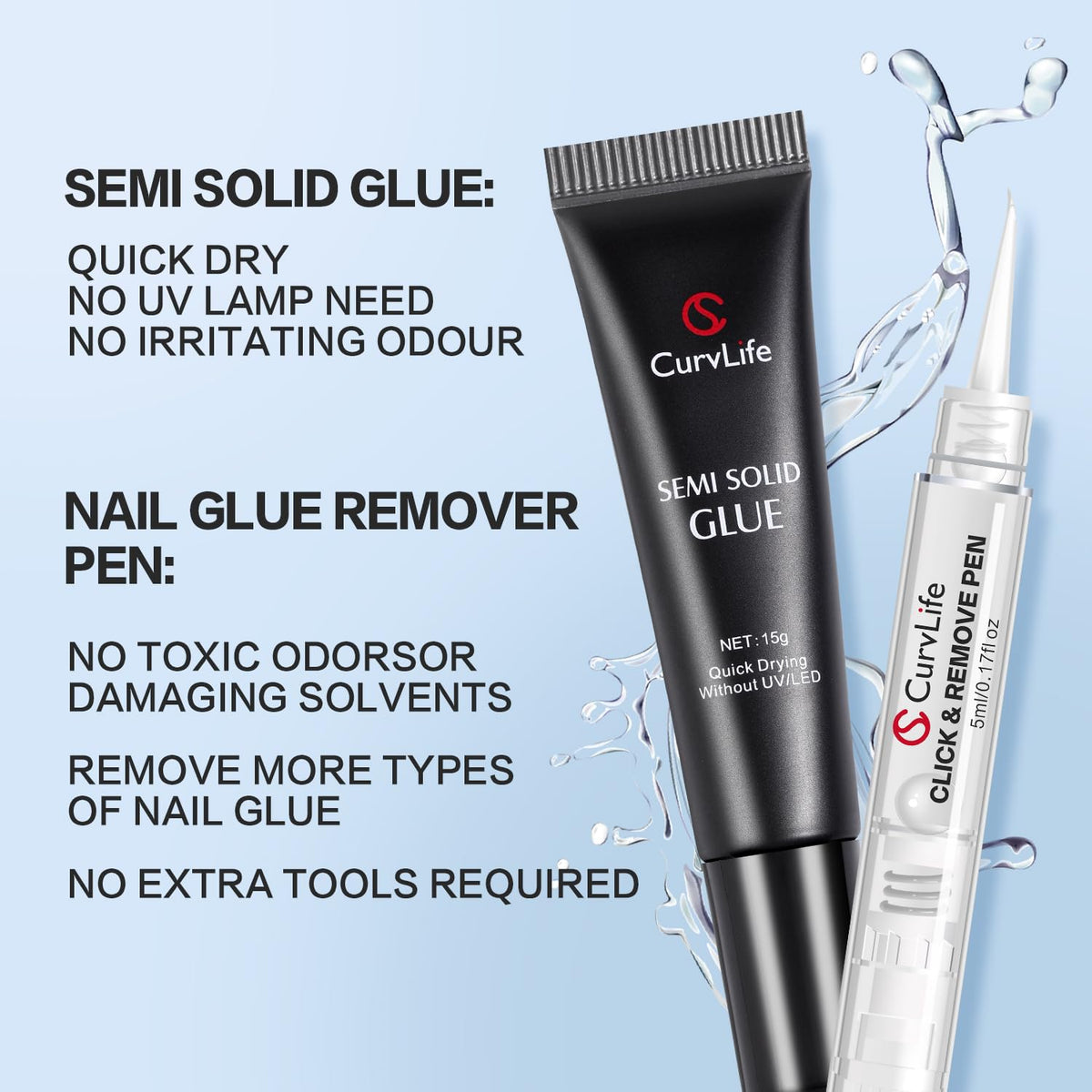 Curvlife 15g Semi Solid Nail Glue Gel with 5ml 3 in 1Nail Glue Remover, No Need for Uv Light, Gel