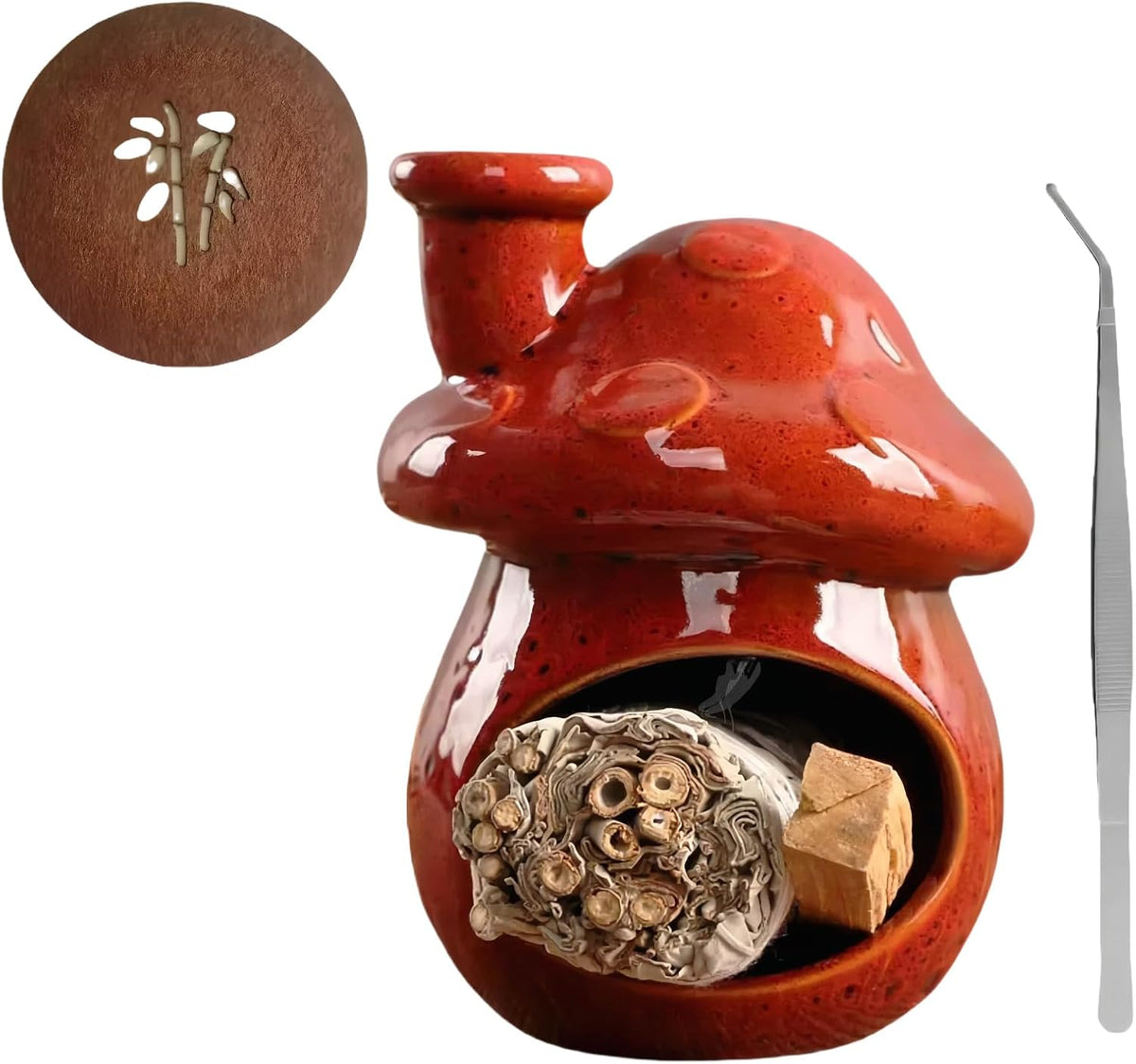 Mushroom Incense Holder, Red Ceramic Palo Santo Holder Burner & Sage Holder - Mini Tabletop