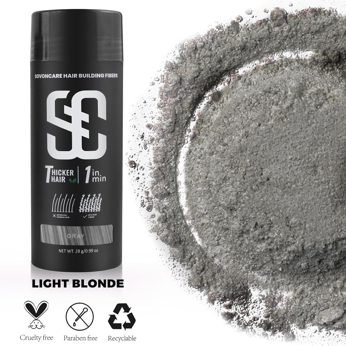 SOVONCARE Hair Fibers for Thinning Hair Gray, Hair Building Fibers for Bald Spots Undetectable &