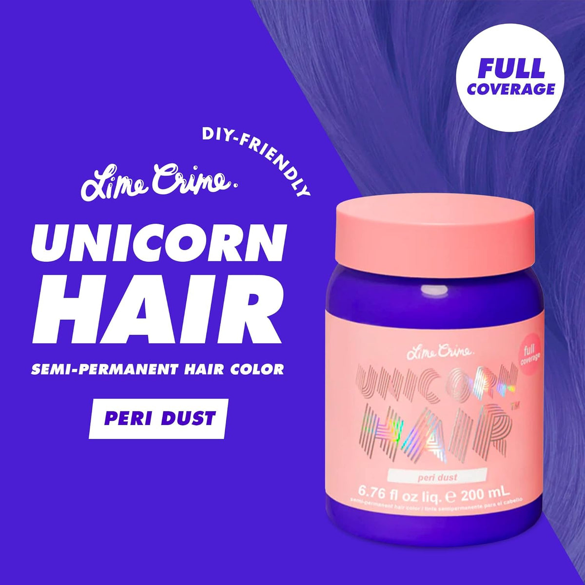 Lime Crime Full Coverage Unicorn Hair Dye, Peri Dust - Damage-Free Semi-Permanent Hair Color