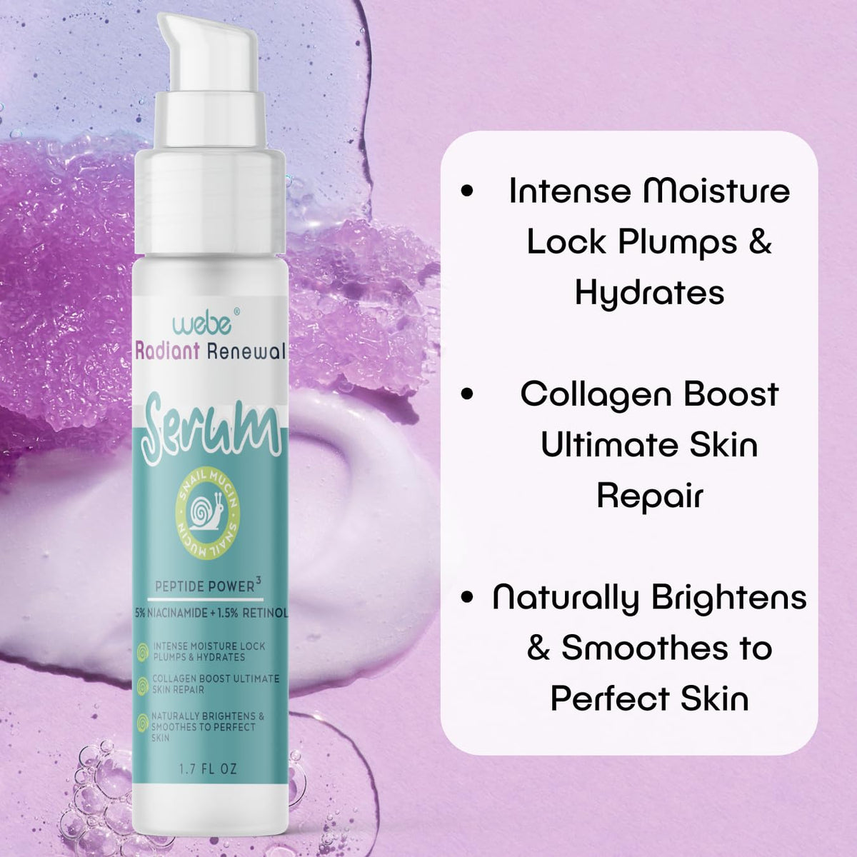 WEBE Naturals Snail Mucin Retinol 1.5% Radiant Renewal Serum | Niacinamide 5%, Vitamin C, Peptide