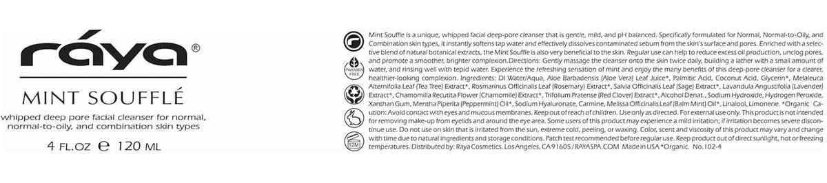 RAYA Mint Soufflé Facial Cleanser 4 oz (102) | pH Balanced Face Wash for Oily and Combination Skin|
