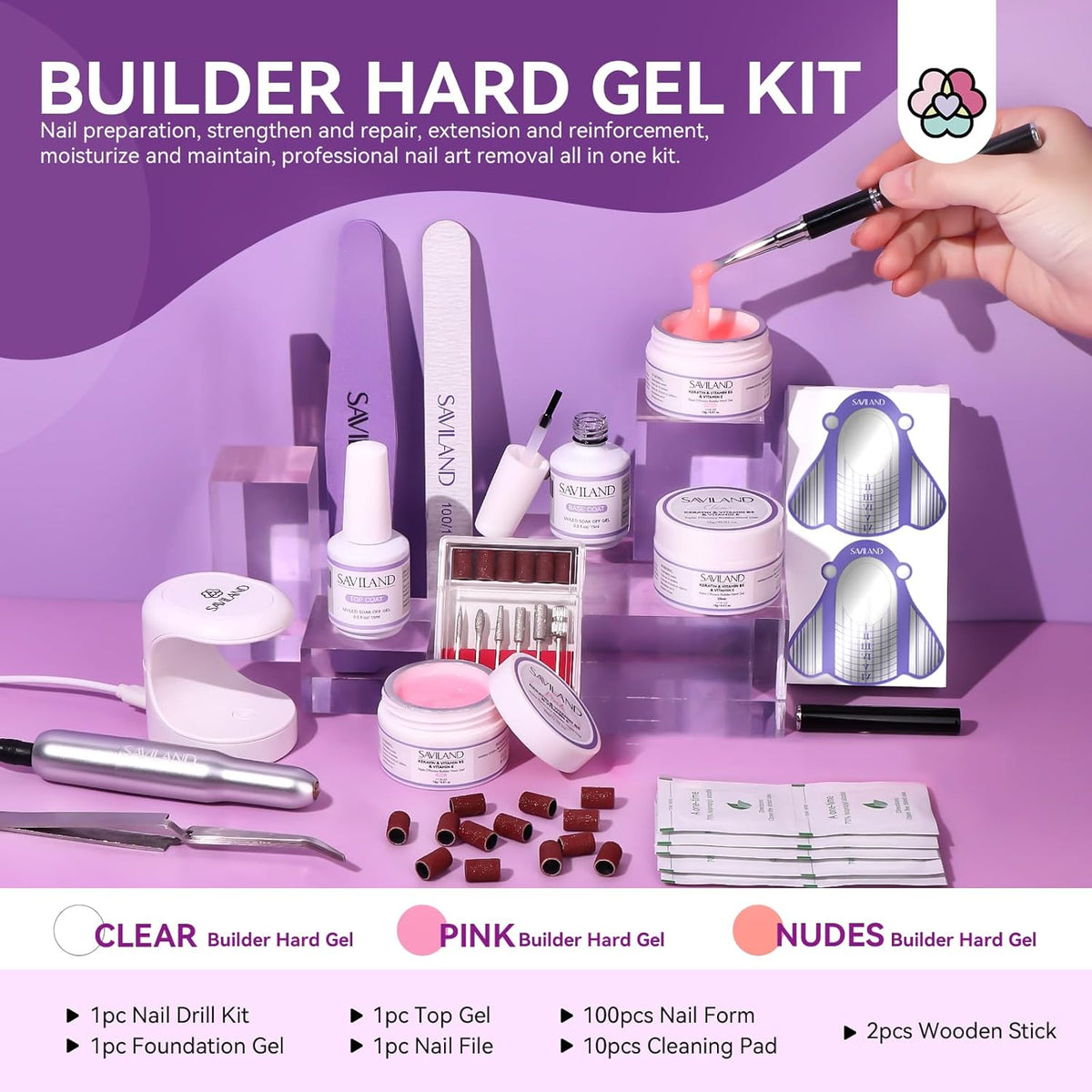 SAVILAND Builder Nail Gel Set with Nail Drill - 3 Pcs Hard Gels(VE&VB5&Kerain) Clear Pink Nudes