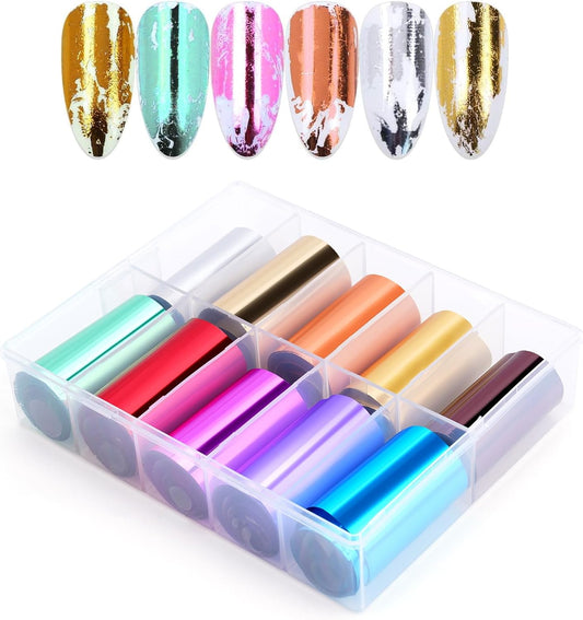 10 Sheets Holographic Nail Art Foil Transfer Stickers - Metallic Color Print Nail Decals 3D