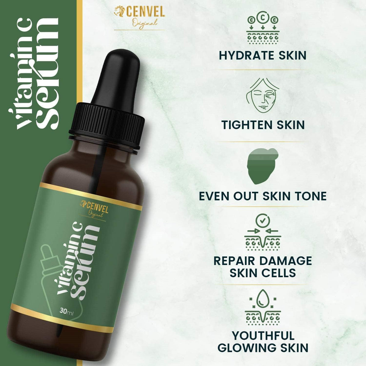 100% Real Crystal Jade Stone Roller and Gua Sha Set with Vitamin C Serum | Great for Eye Puffiness