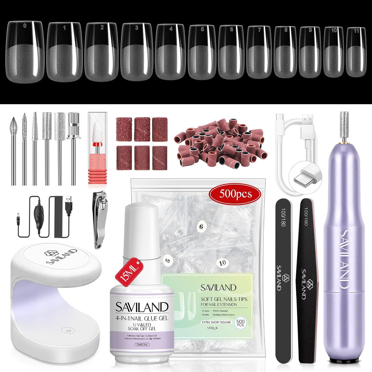 SAVILAND Gel Nail X Kit Short Square - Nail Drill Kit 500 PCS Natural False Nail Tips For Press On