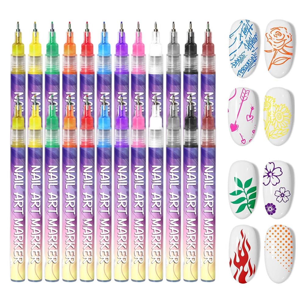 12 Colors Nail Art Pens Set, 3D Nail Art Markers Doodle Pen for Kids Adults, Nail Art Tools for