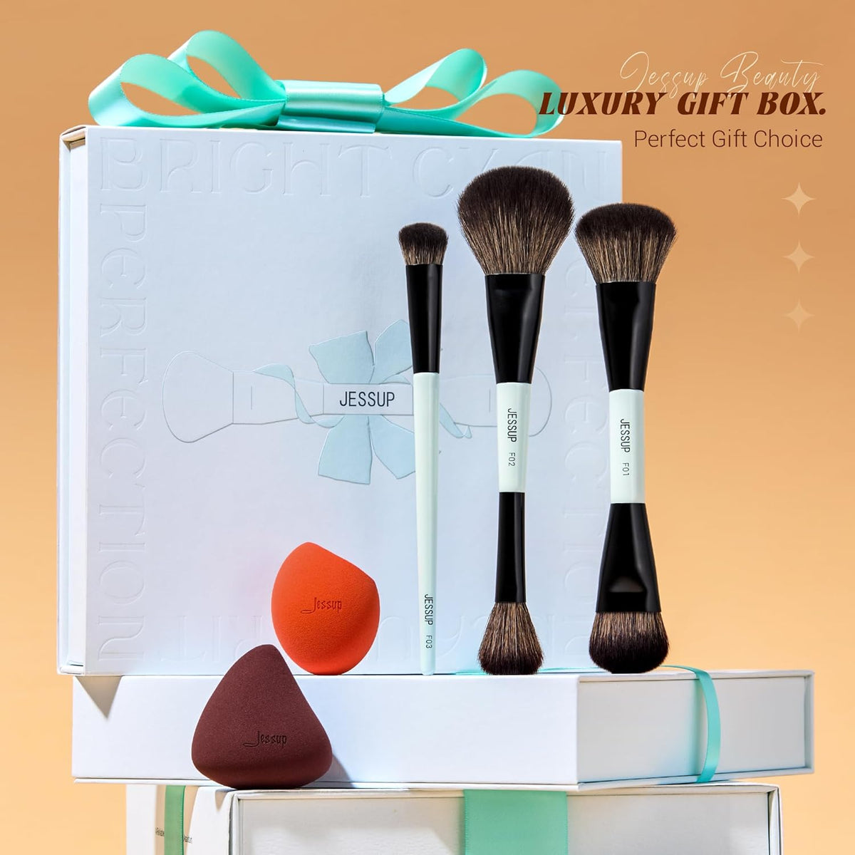Jessup Face Makeup Brushes with Makeup Sponge, 3pcs Double Ended Makeup Brush for Foundation