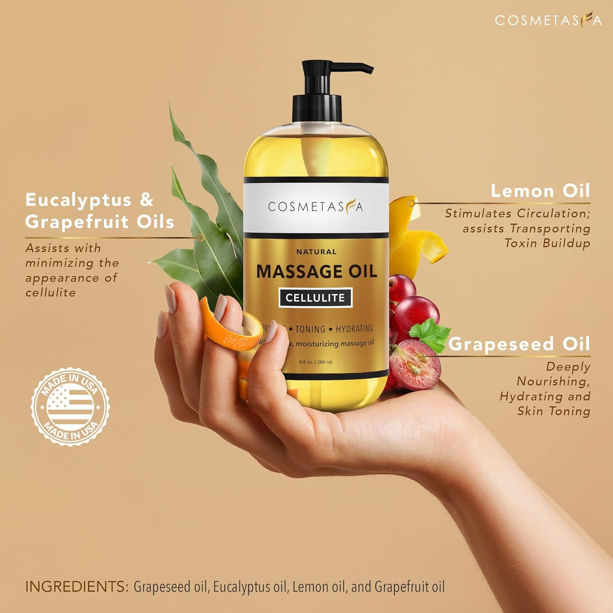 Cosmetasa Body Massage Oil for Massage Therapy Kit - Arnica Sore Muscle Massage Oil, Cellulite