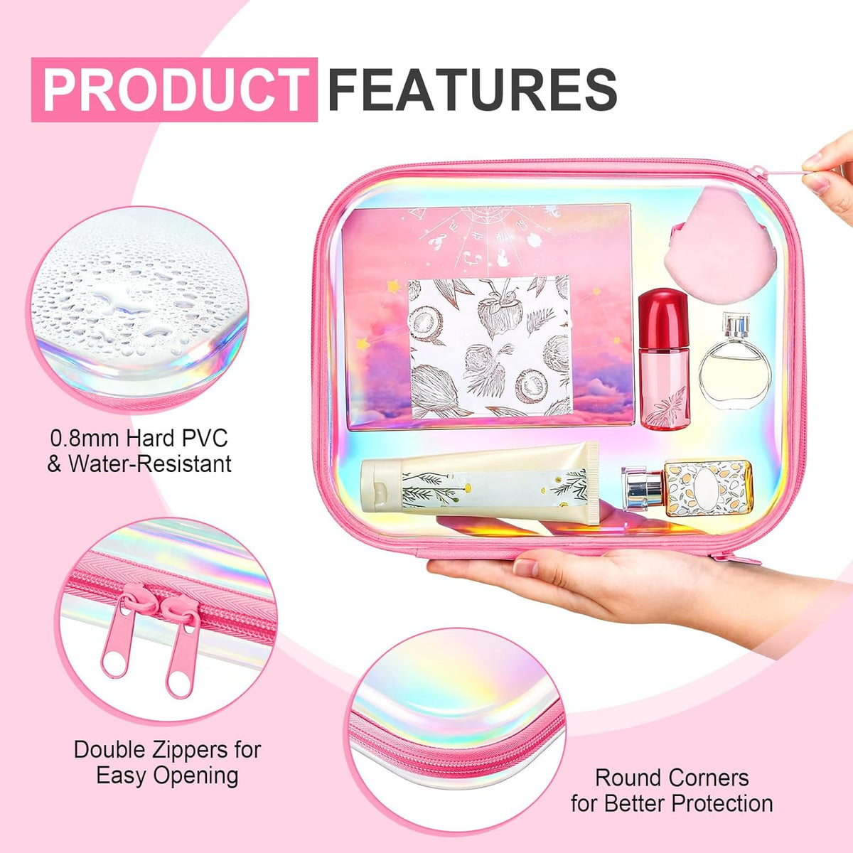 Hoolerry 4 Pcs Hard Clear Zipper Case Makeup Bags Plastic Pencil Pouch Transparent Storage Box