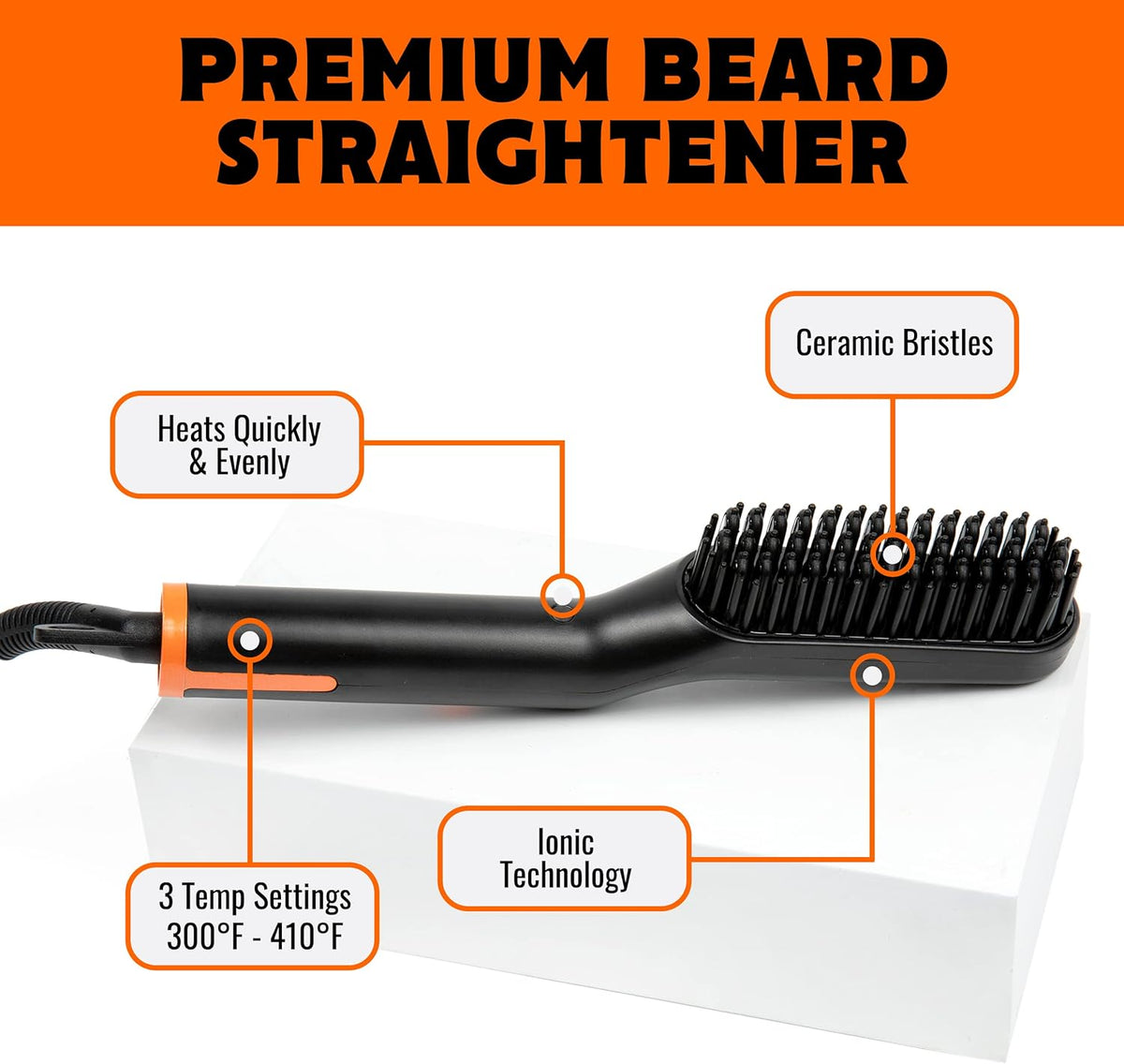 TAME The Wild Beard Brush and Beard Straightener for Men - Ionic Heated Comb with 3 Adjustable