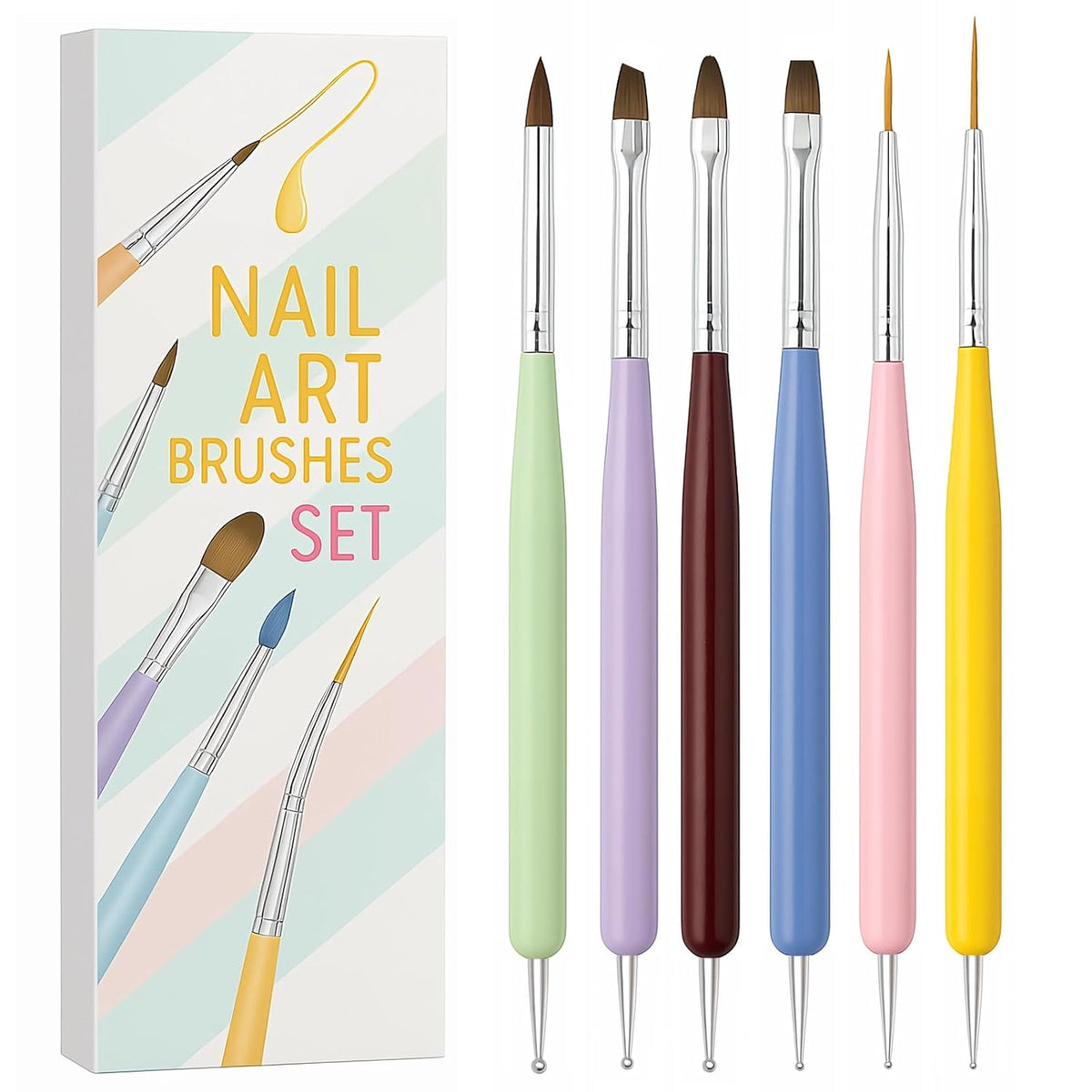 Gel Polish Nail Art Brushes, 6 Pcs Dual-Ended Art Design Pens with Case for Gel & Acrylic - Clean