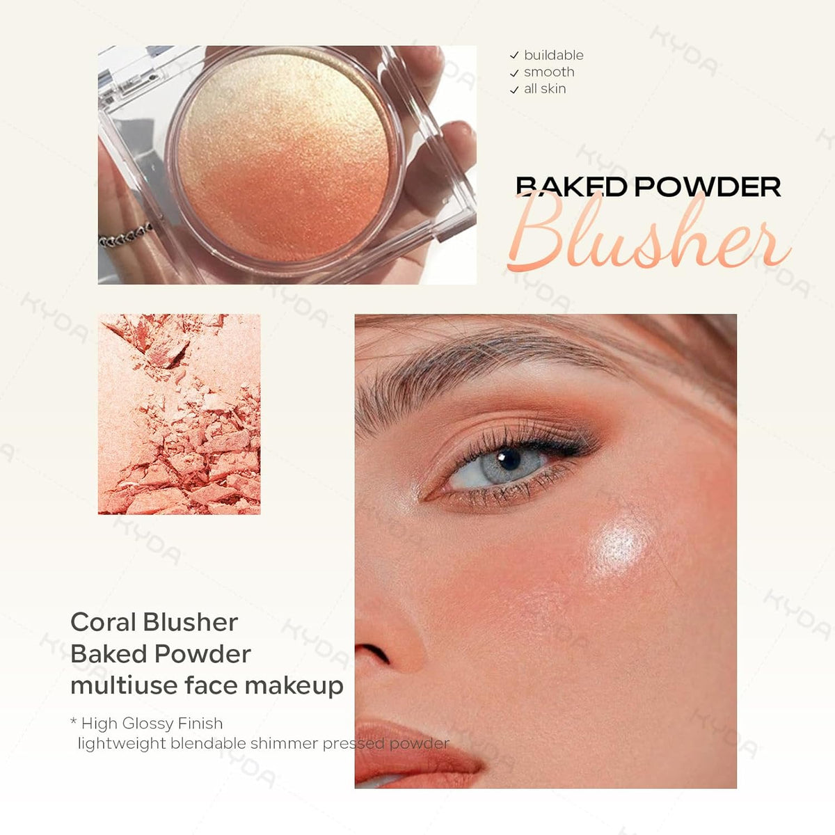 KYDA Baked Blush, Coral Glow Powder for Blush and Highlighter, High Glossy Finish, Lightweight