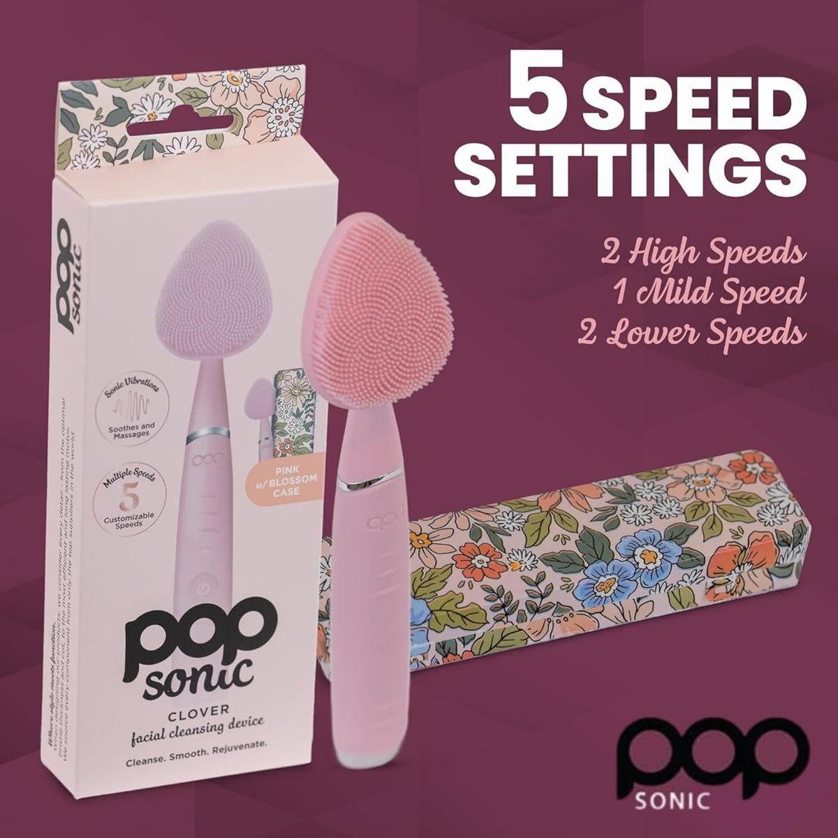 Clover Facial Cleansing Device Pink Silicone Facial Cleaner & Exfoliator w/ 8000 Vibrations Per