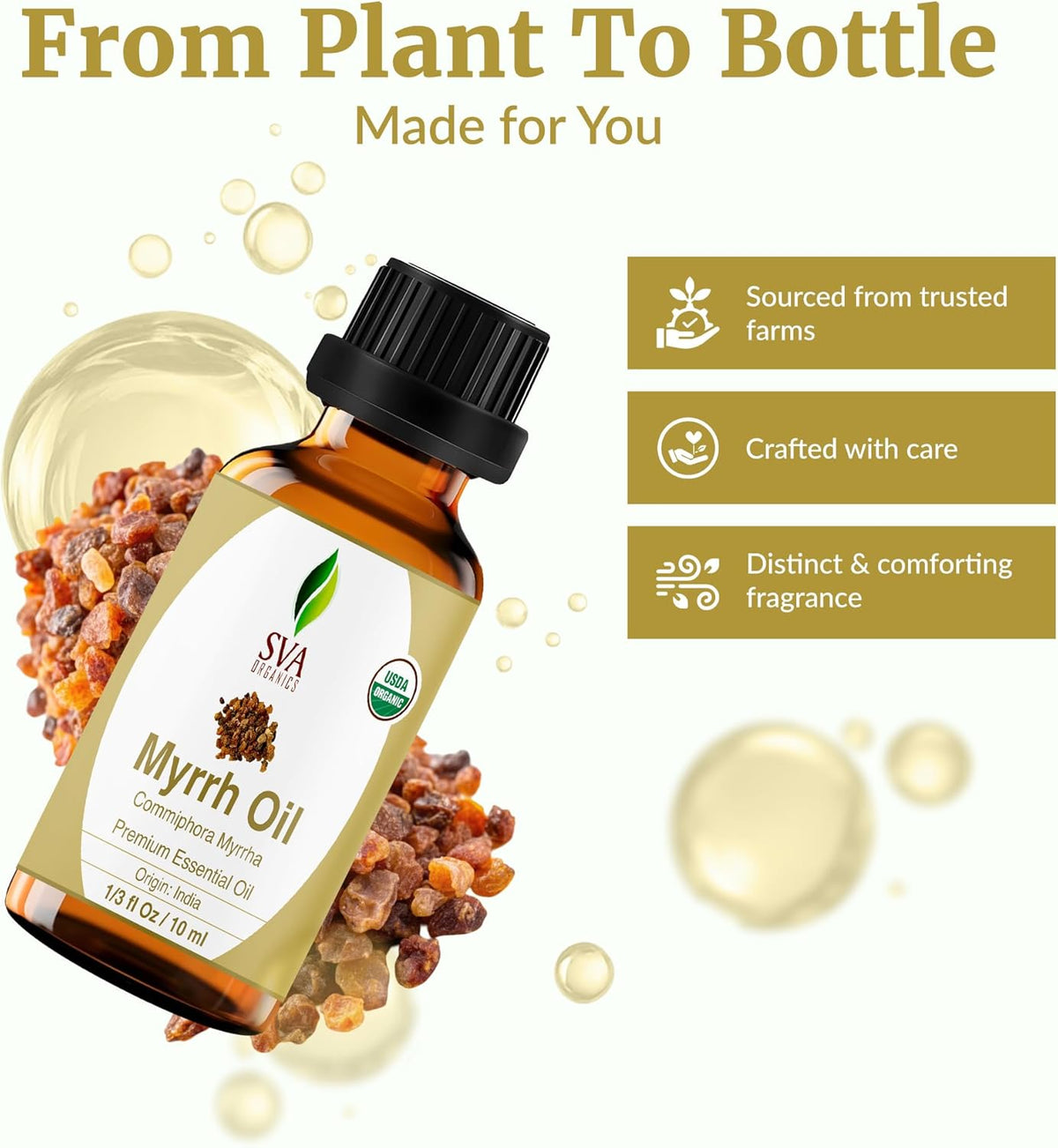 SVA Myrrh Essential Oil Organic – 1/3 Fl Oz – 100% Natural Organic Myrrh Oil - for Diffuser, Hair