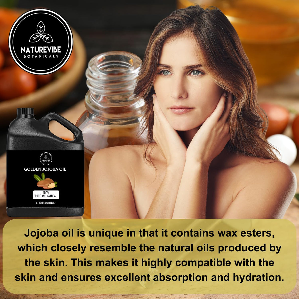Naturevibe Botanicals Golden Jojoba Oil 32 oz – 100% Pure, Cold-Pressed Moisturizer for Skin & Hair