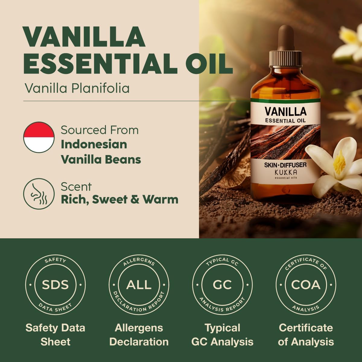 Kukka Vanilla Essential Oil for Diffuser & Skin - 4 Fl Oz - Vanilla Oleoresin Essential Oil - Long