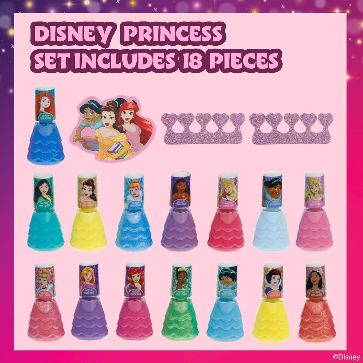 Disney Princess 15 Piece Water-Based Nail Polish with 3 Toe Spacers, Quick Dry, Peel Off, Gift Kit