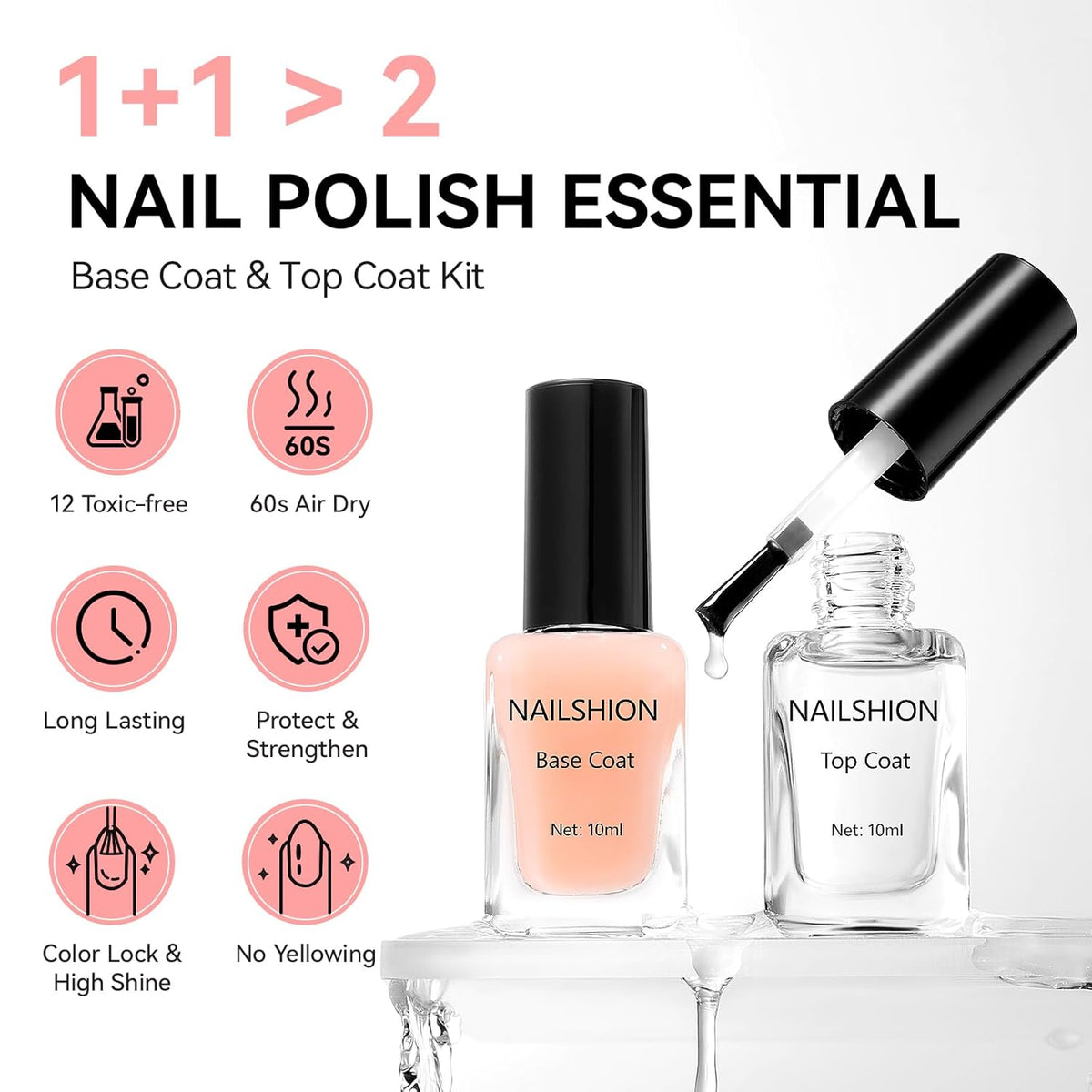 Base Top Coat, Nude Peach Ridge Filler Base Coat Clear Nail Polish, Enriched VE Calcium