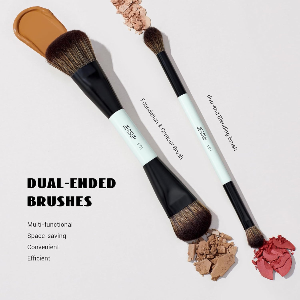 Jessup Makeup Brushes 2pcs Double Sided Foundation Brush Contour Brush Dual Ended Eye Blending