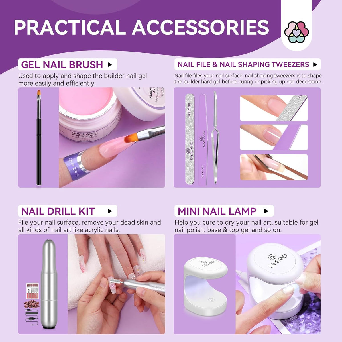 SAVILAND Builder Nail Gel Set with Nail Drill - 3 Pcs Hard Gels(VE&VB5&Kerain) Clear Pink Nudes