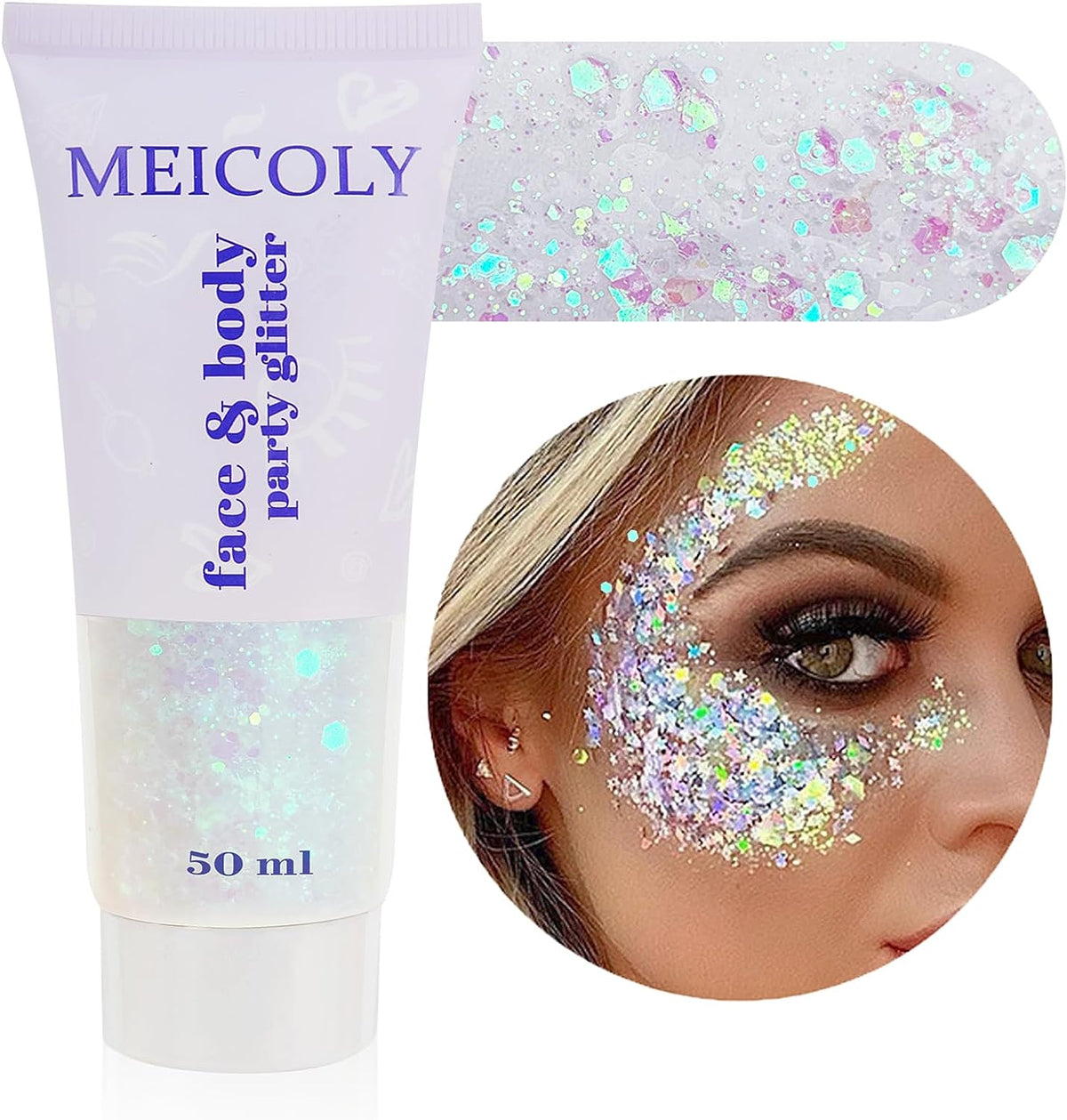 MEICOLY Clear White Body Glitter,Singer Concerts Music Festival Rave Accessories,Mermaid Face