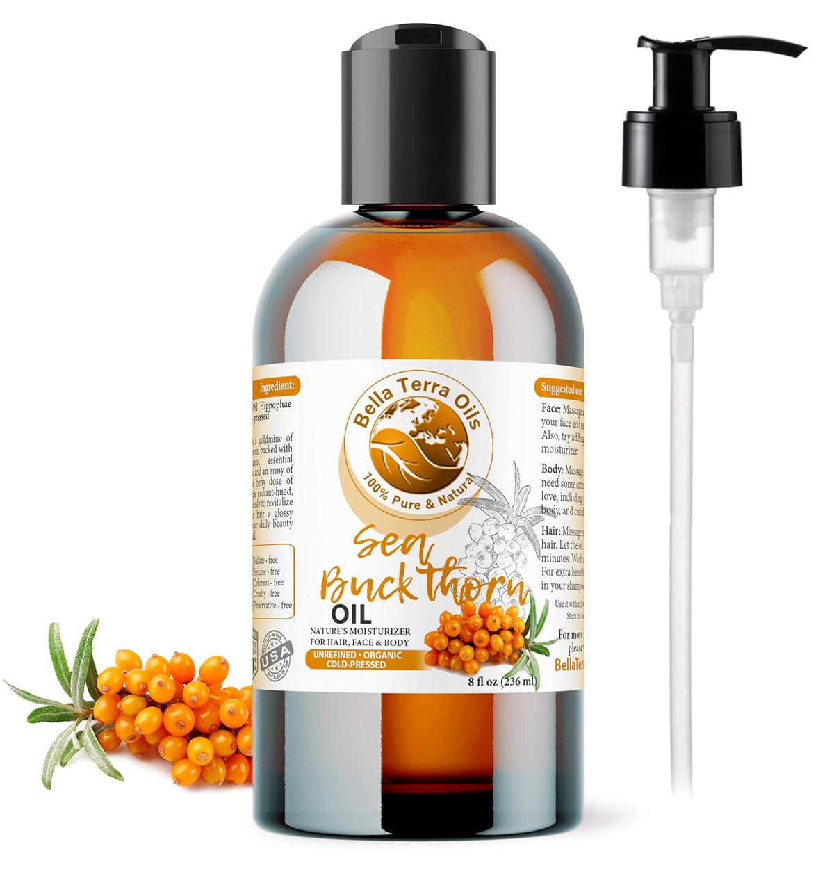 Bella Terra Oils - Organic Sea Buckthorn Oil 8oz - Cold-Pressed Treasure, Bursting with Omega-3 &