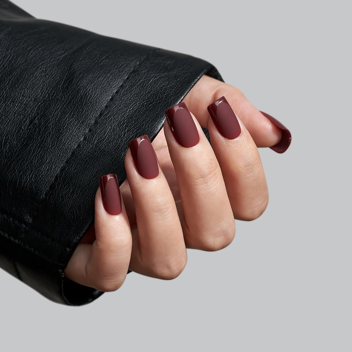 BTArtbox Press on Nails Short Square - Dark Red Nails with Glossy French Tips in a Matte Finish