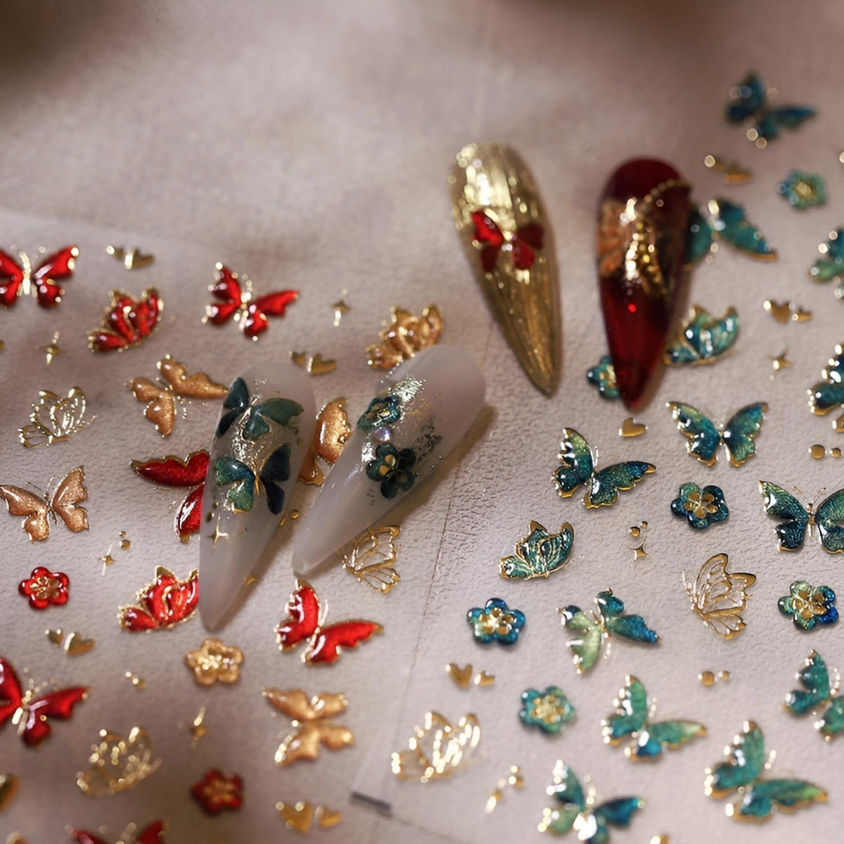 Butterfly Nail Stickers for Nail Art 5D Embossed Flower Nail Art Stickers Green Red Gold Butterfly