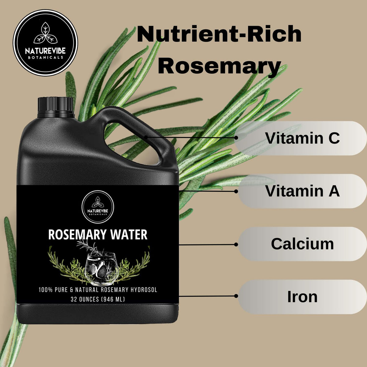Naturevibe Botanicals Rosemary Water 32 Ounces | 100% Pure and Natural | Great for Skin Care and