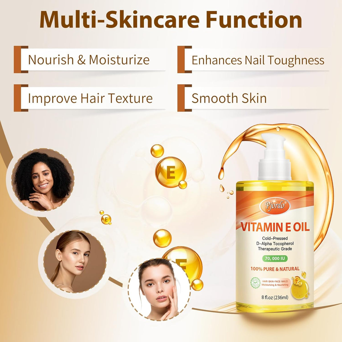 100% Pure Vitamin E Oil, 70,000 IU Organic Vitamin E for Scars, Skin, Face, Nails & Hair