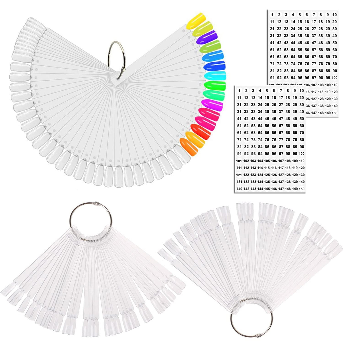 JASSINS 150 Pcs Nail Swatch Sticks with Ring and Number posted, Clear Fan-shaped Nail Art Polish