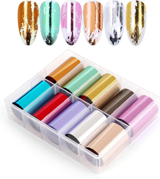 10 Sheets Holographic Nail Art Foil Transfer Stickers - Metallic Color Print Nail Decals 3D