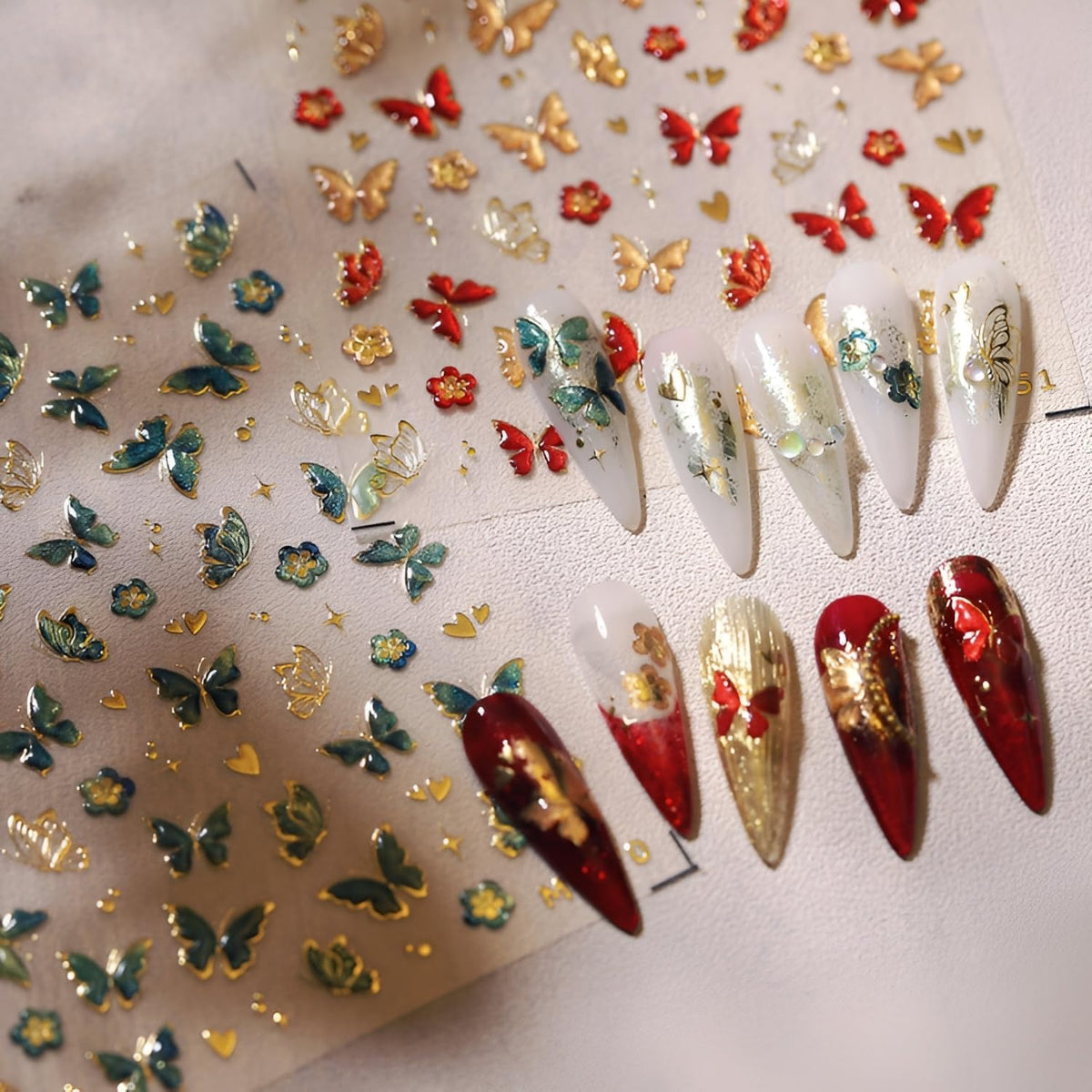 Butterfly Nail Stickers for Nail Art 5D Embossed Flower Nail Art Stickers Green Red Gold Butterfly
