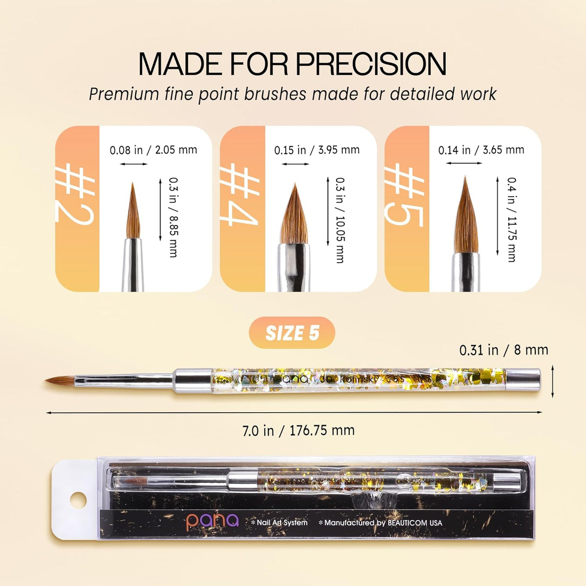 PANA Kolinsky 3D Acrylic Nail Brushes with Liquid Glitter Handle - For Professional Acrylic Powder